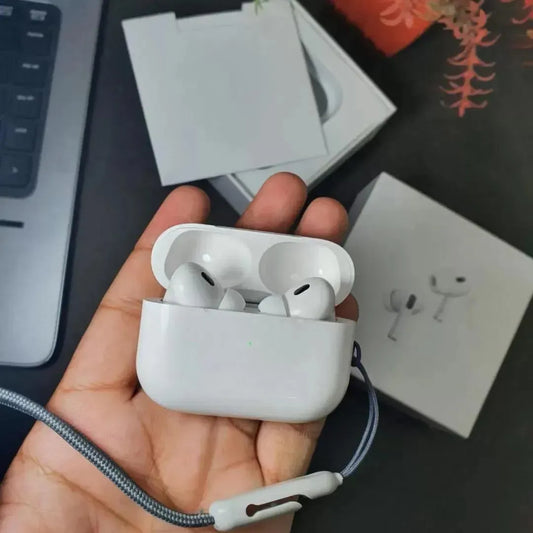 White Air Pods Pro 2 wireless earbuds front view